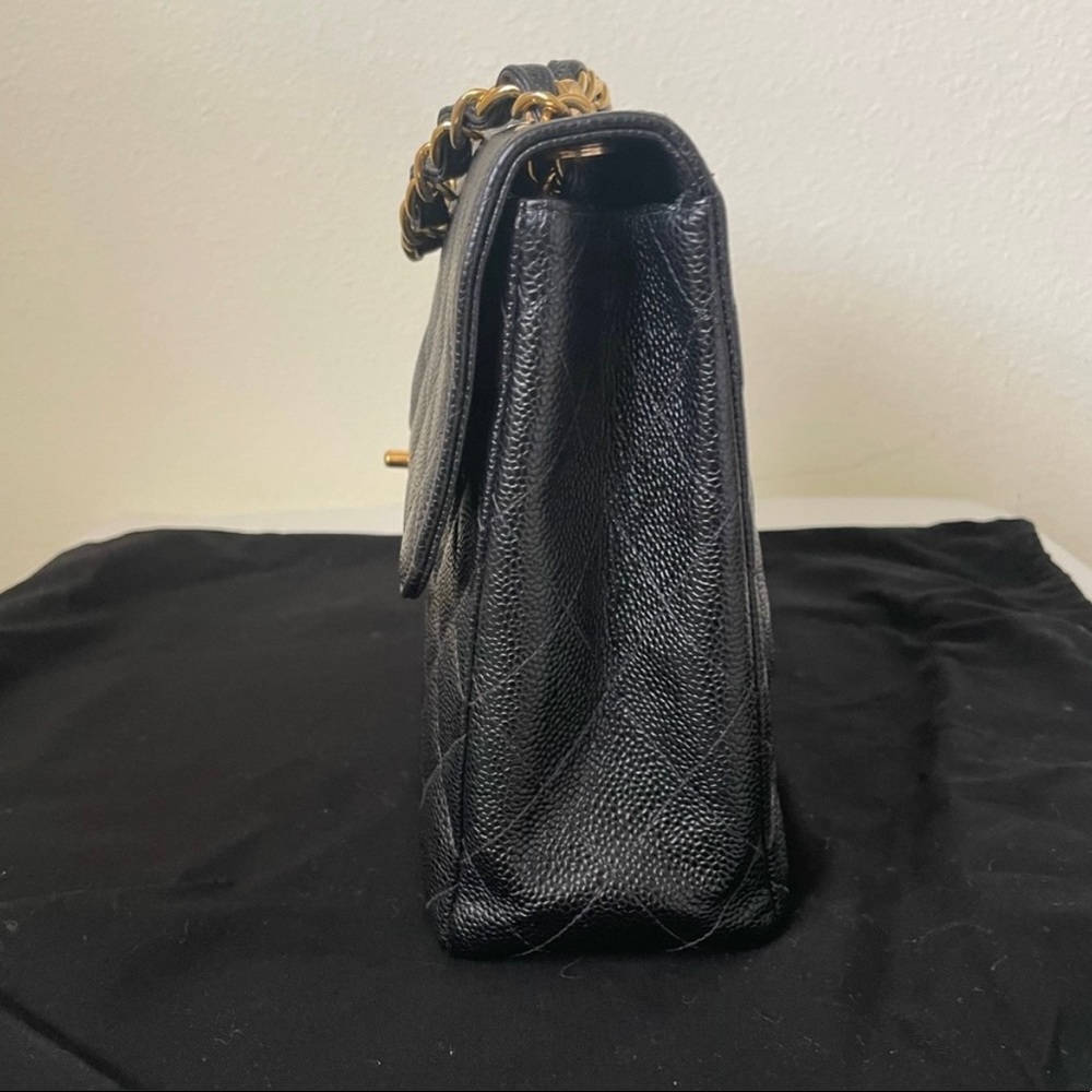 Sold 24k gold plated Black Chanel Caviar Jumbo single flap bag - Picture 7 of 17